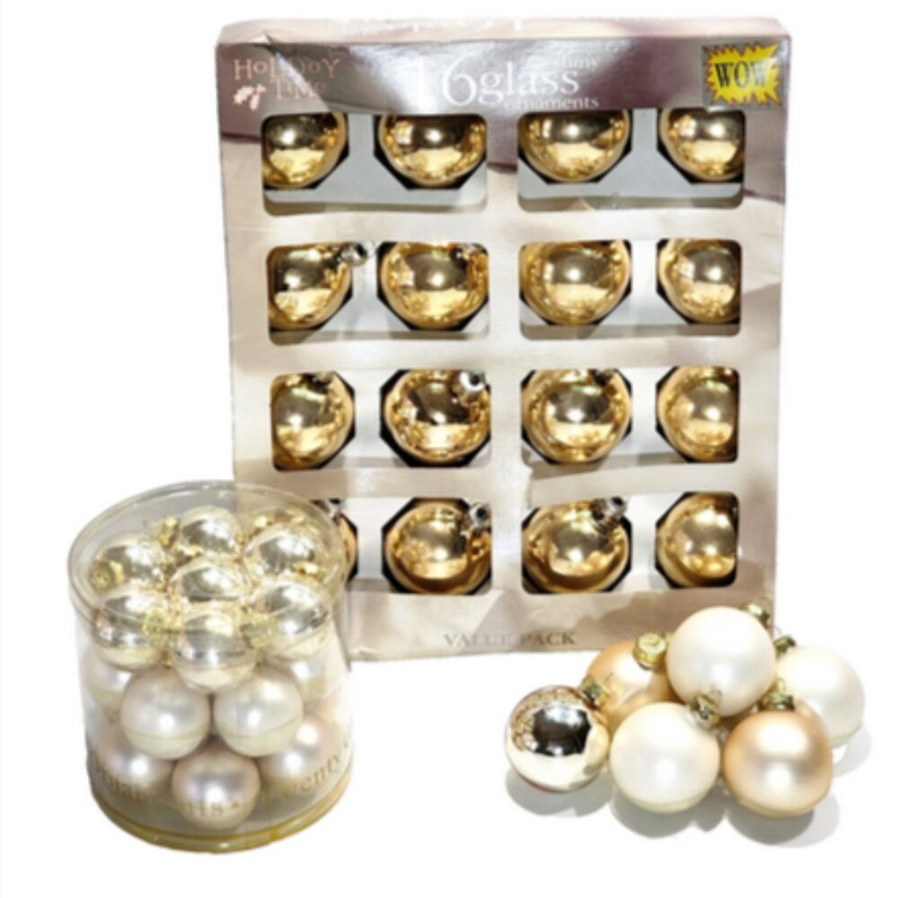 43 Gold Glass Christmas Ornaments mixed size Bright Gold, Champagne & Ivory